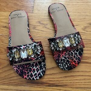 Betsey Johnson Pink and Black Leopard Sandals with Embellishments